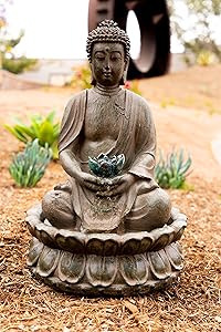 Alpine Corporation Meditating Buddha with Lotus Flower Fountain with LED Light - Outdoor Decor for Garden, Patio, Deck, Porch - Yard Art Decoration