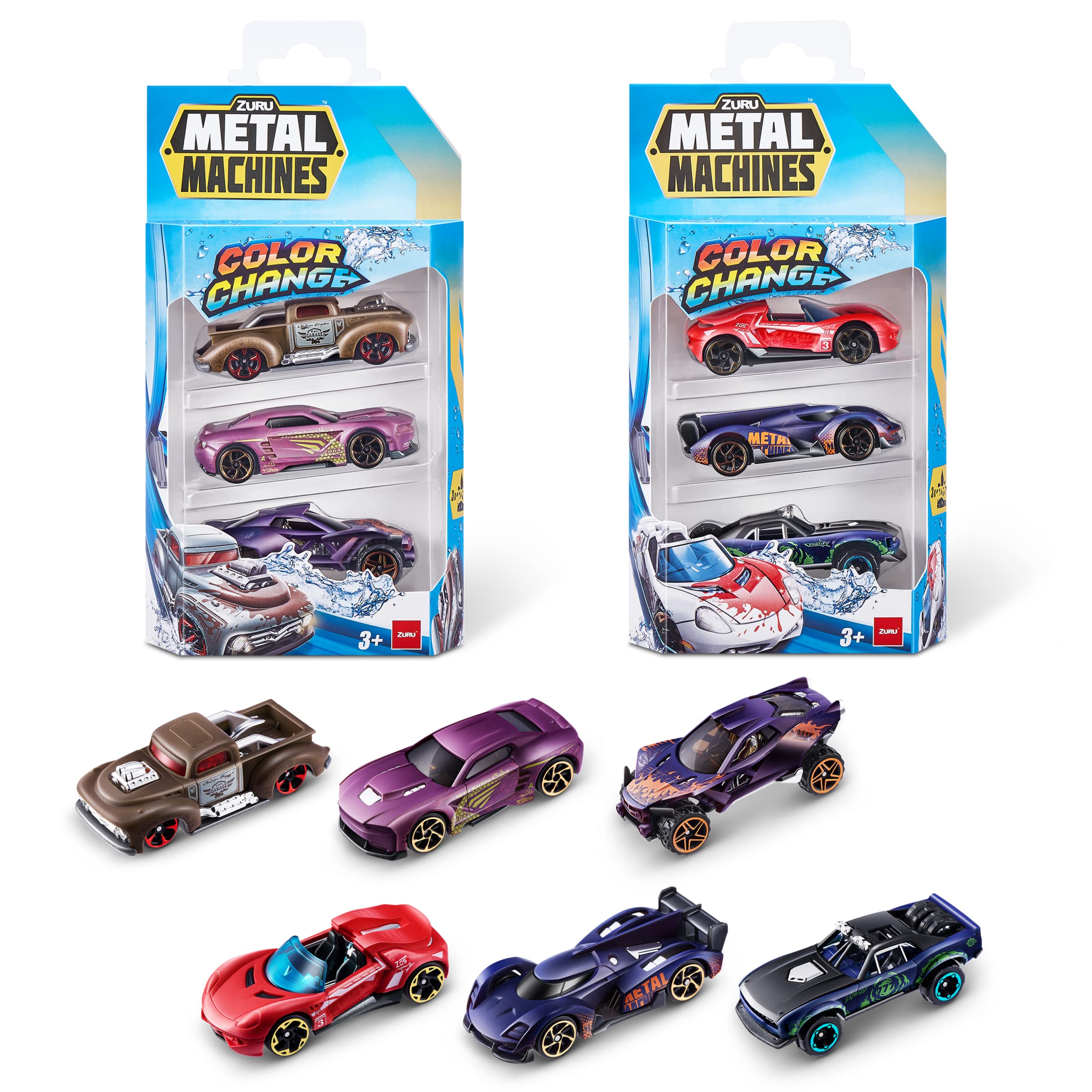 Metal Machines Color Change Car Series 4, Collectible Race Car Toys, Die-Cast Cars, (6 Pack), Styles May Vary, Mailer Box