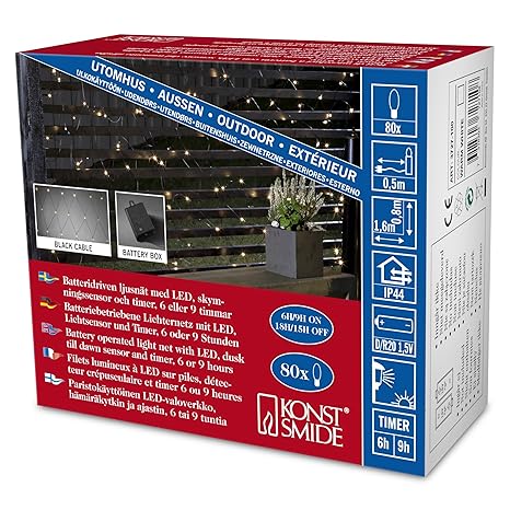 Konstsmide 3727-100 LED Lichternetz / für Außen (IP44) / Batteriebetrieben: 2xD 1.5V (exkl.) / mit Lichtsensor und 6h u. 9h T