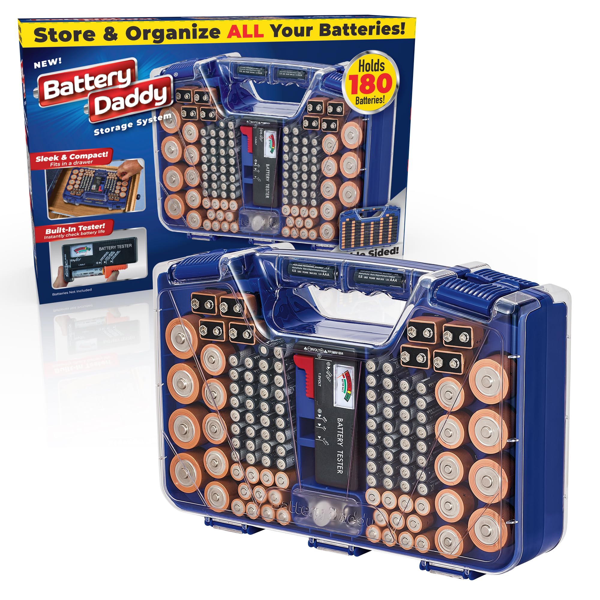 Battery Daddy Storage & Organizer Case with Tester, Stores & Protects Up to 180 Batteries, Double-Sided, Clear Locking Lid, Secure Latches & Portable Carrying Handle - Blue (Batteries Not Included)