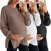 Sweetyweee 3 Pack Women's Maternity Shirts Long Sleeve Waffle Knit Side Split Oversized Tops Pregnancy Clothes Fall Tees