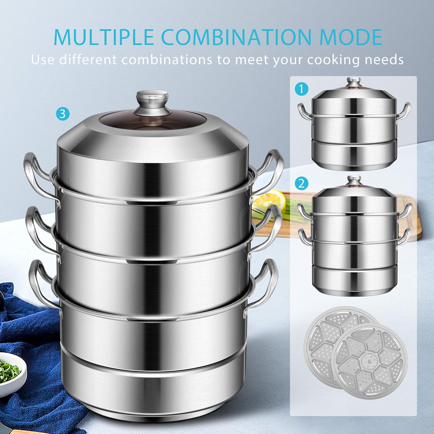 VIVOHOME 3-Tier 14.2 Inch 1mm Extra Thick 13Qt 304 Stainless Steel Steamer Pot Steaming Cookware with Tempered Glass Lid, Work with Gas, Electric, Induction Oven, Grill Stove Top, Dishwasher Safe: Kitchen & Dining