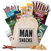 ManSnacks Deluxe Jerky &amp; Nuts Gift Basket for Men - 28 pc - Large Variety of Beef Jerky Sticks, Pepperoni Sticks, Cheese Sticks, Almonds, Peanuts &amp; Pistachios, in a Manly Gift Bag