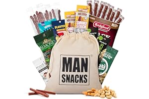 ManSnacks Deluxe Jerky & Nuts Gift Basket for Men - 28 pc - Large Variety of Beef Jerky Sticks, Pepperoni Sticks, Cheese Stick, Almonds, Peanuts & Pistachios, in a Manly Gift Bag