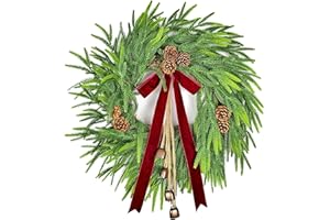 Assilyraft 28 Inch Real Touch Norfolk Pine Christmas Wreath with Pine Cones, Bells & Bow – Double Ring Winter Wreath for Front Door, Porch, Wall & All-Season Home Décor