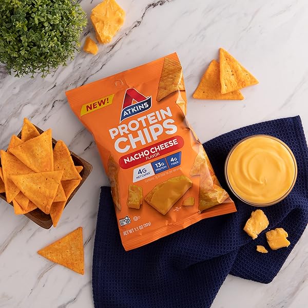 ATKINS NACHO CHEESE PROTEIN CHIPS, 4G NET CARBS, 13G PROTEIN, GLUTEN FREE, LOW GLYCEMIC, KETO FRIENDLY, 12 COUNT