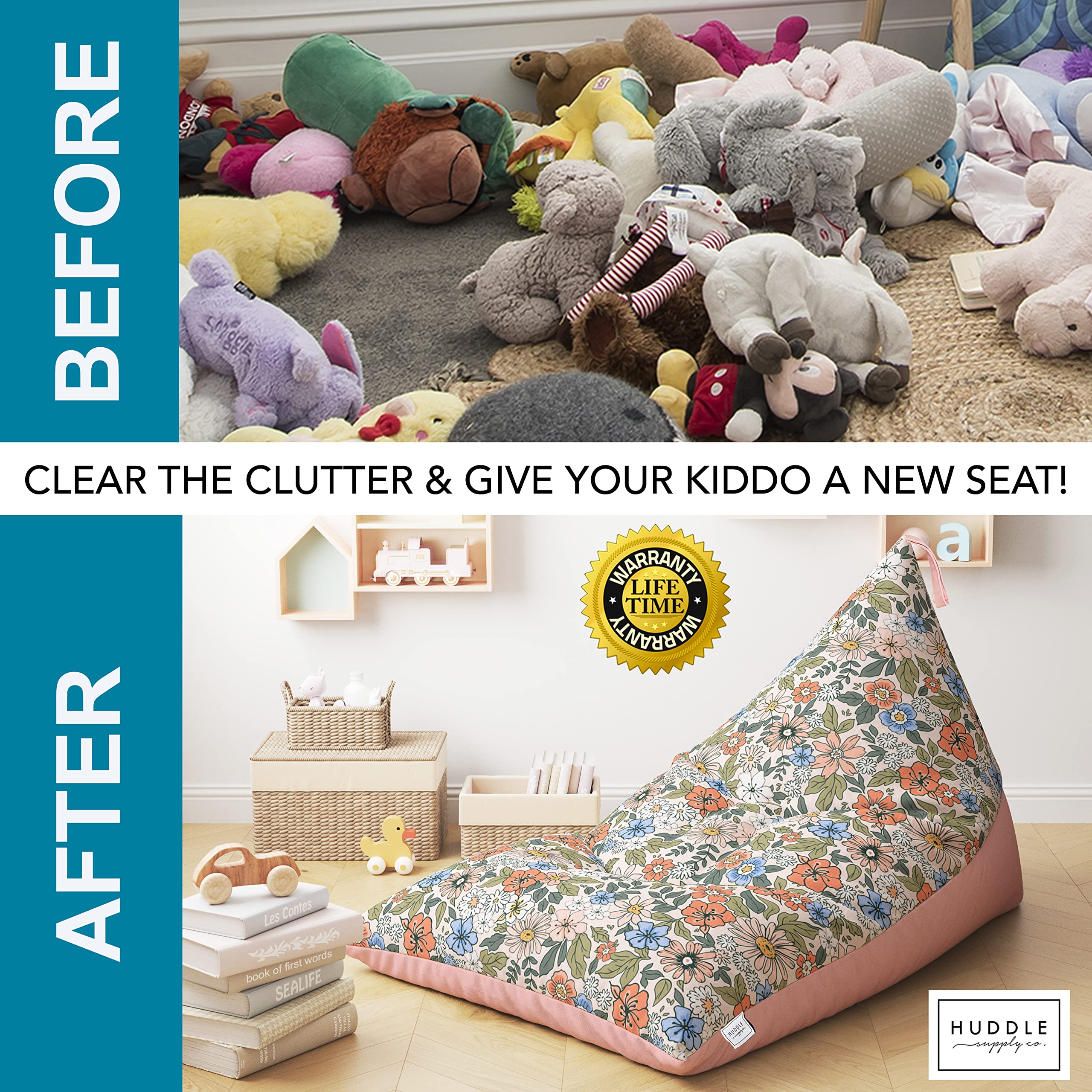 HUDDLE Original Stuffed Animal Bean Bag Storage Extra Large Designer Beanbag Chairs for Kids Teens & Adults | Instant Clutter Clear for Stylish Moms - Stuffed Animal Storage Bean Bag Chair Boho Floral