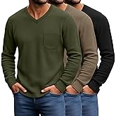 August Alley 3 Pack Men's Waffle Thermal Long Sleeve Shirts V Neck Lightweight Tops Casual Pullover Undershirts with Pocket