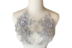 Heyiwell 1 Pair 3D Luxury Beaded Flower Embroidery Patches Applique Lace Floral Motif for Wedding Dress Sewing Lace Decor 24 x13cm(Gray)