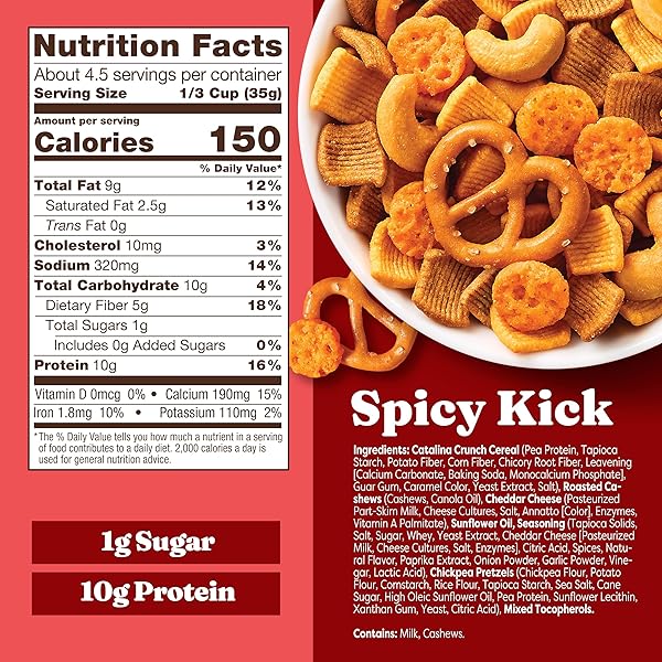 CATALINA CRUNCH PROTEIN SNACK MIX WITH CHEESE CRISPS – 10G PROTEIN, 1G SUGAR PER SERVING – GOOD SOURCE OF FIBER, KETO, GLUTEN FREE – SPICY KICK, 5.25 OUNCE BAG (PACK OF 1)