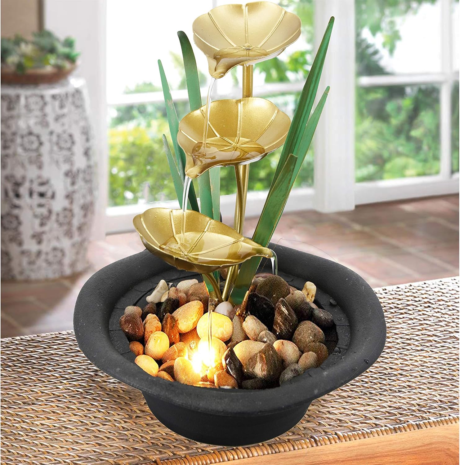 GEEZY Indoor Tabletop Fountain Water Feature LED Lights Polyresin