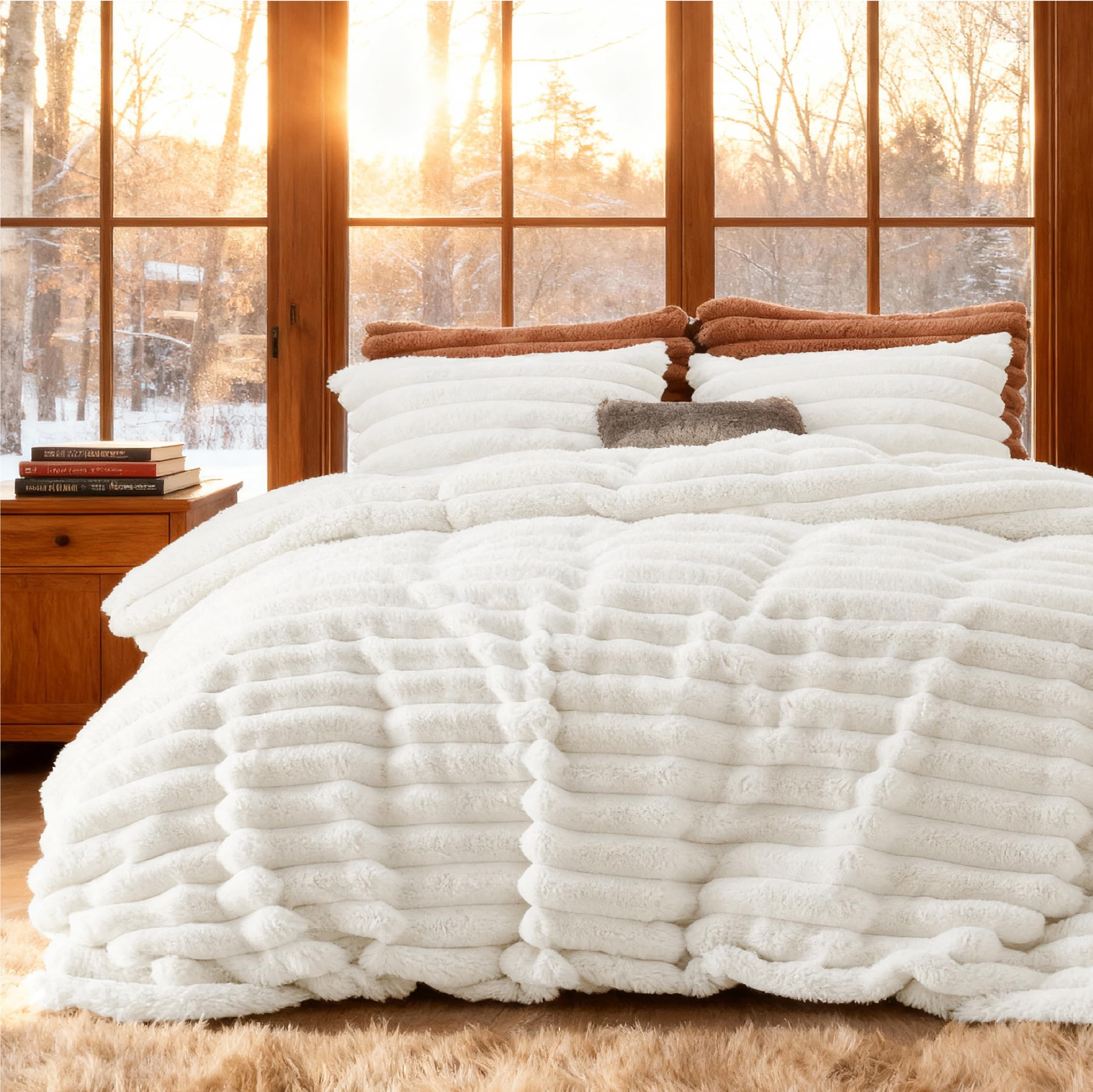 Photo 1 of Bedsure Faux Fur Duvet Cover Queen Size - White Fluffy Duvet Cover Set, Soft and Cozy Shaggy Bedding Comforter Cover, Winter Warm Luxury Fuzzy Bed Set 3 Pieces, 1 Queen Duvet Cover and 2 Pillowcases