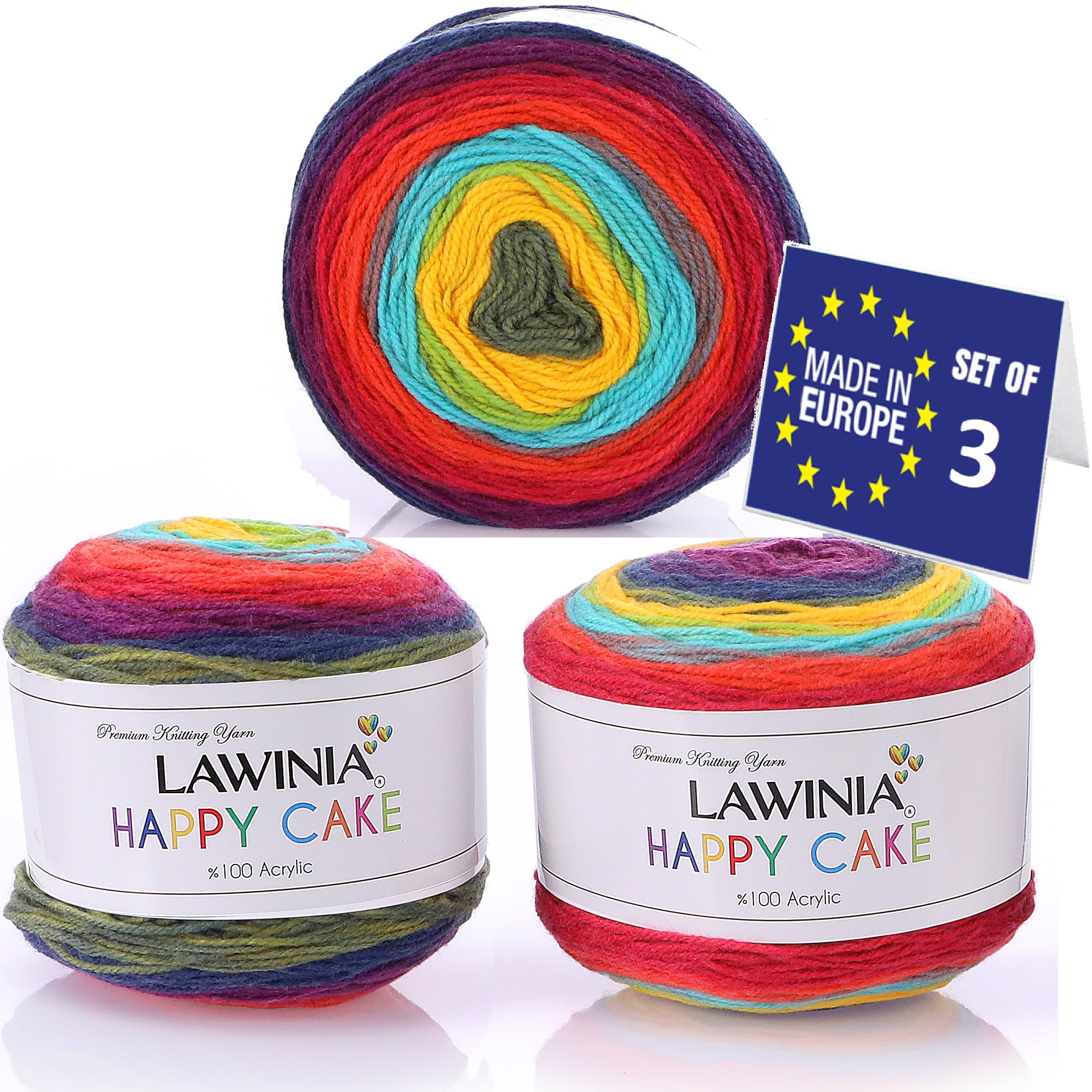 LAWINIA Happy Cake Premium Rainbow Yarn DK, Pack of 3 Each 150g - 530m Cake DK Knitting Yarn, Gradient Rainbow Wool for Knitting, Multicoloured Wool