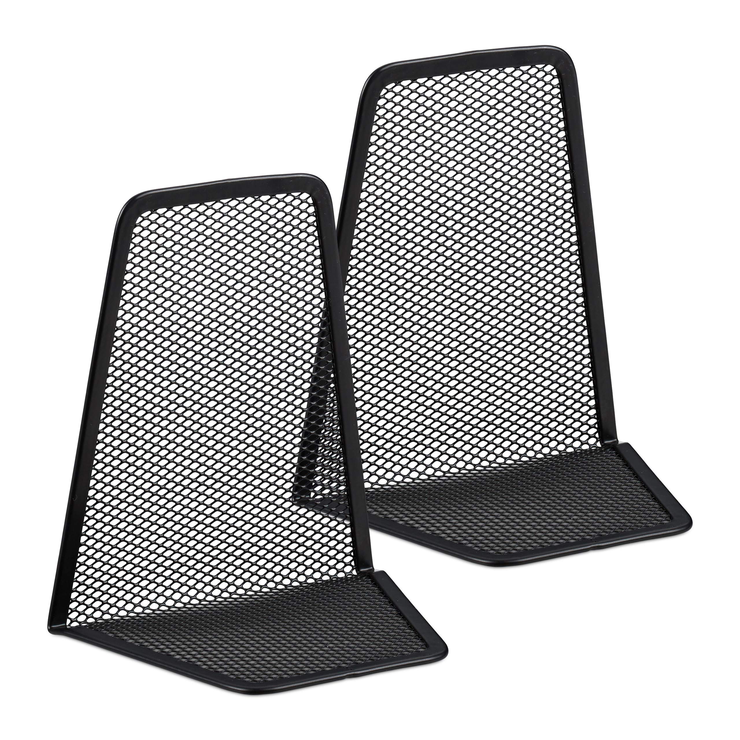 Relaxdays Set of 2 Bookends, Supports for Books, CDs, DVDs, HxWxD: app. 14.5 x 12.5 x 9 cm, Black