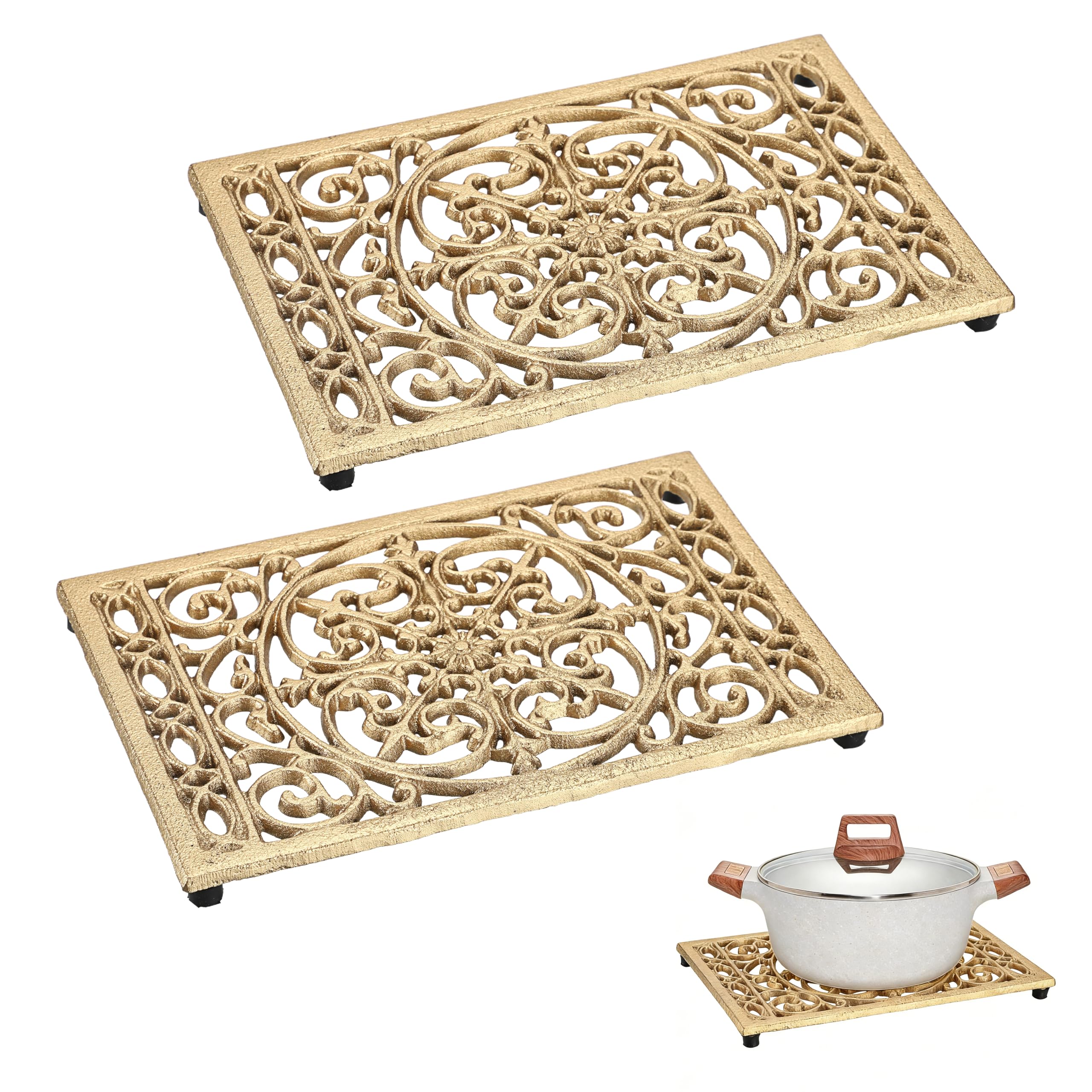 Photo 1 of Sumnacon 2 Pack Cast Iron Trivet, 9.6x6.3 Inch Metal Trivets with Rubber Feet, Heat Resistant Trivets for Hot Dish Pot Pan Teapot, Rustic Cast Iron Accessories for Kitchen Cooktop Dining Table, Gold