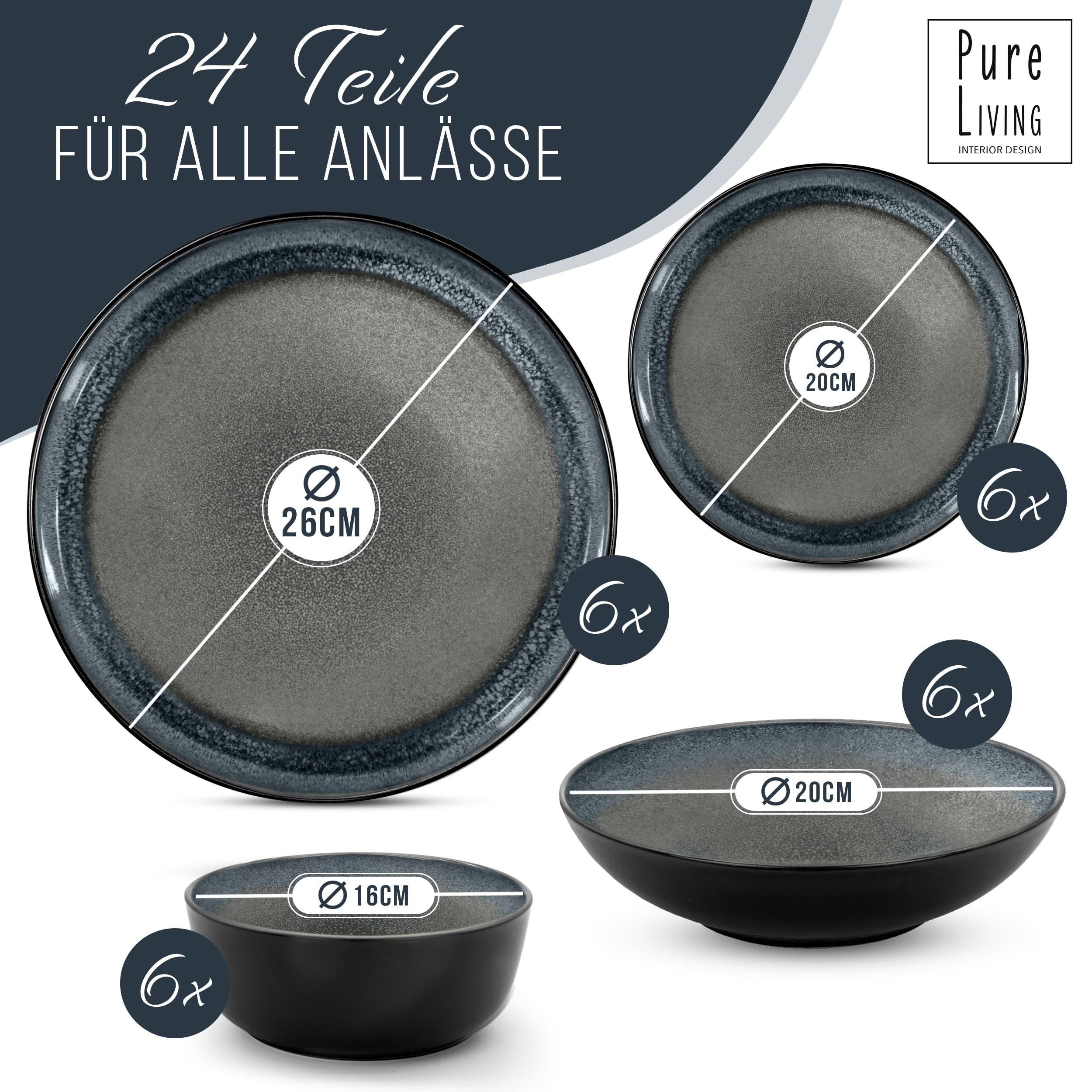 Steingut Geschirrset 6 Personen Ibiza 24 tlg. TESTSIEGER, Traumhaftes Mediterranes Steingut Geschirr Set, Schüssel- und Teller Set, Tafelservice 6 Personen, Geschirrsets Pure Living in Grau