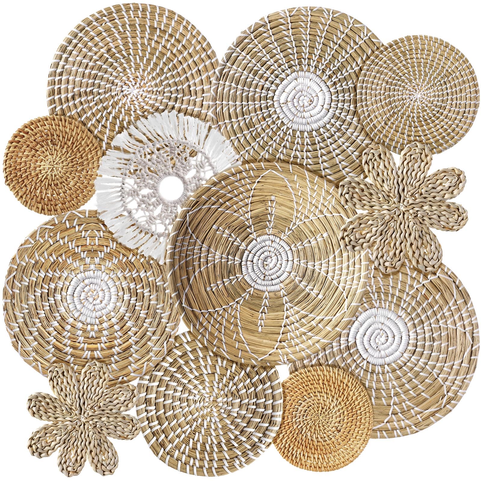 Photo 1 of 11 Pcs Boho Hanging Wall Basket Decor Handmade Woven Basket Wall Decorative Boho Wicker Baskets Placemats Round Farmhouse Bulrush Art for Rustic Home Decorations Christmas Gift(Fresh)