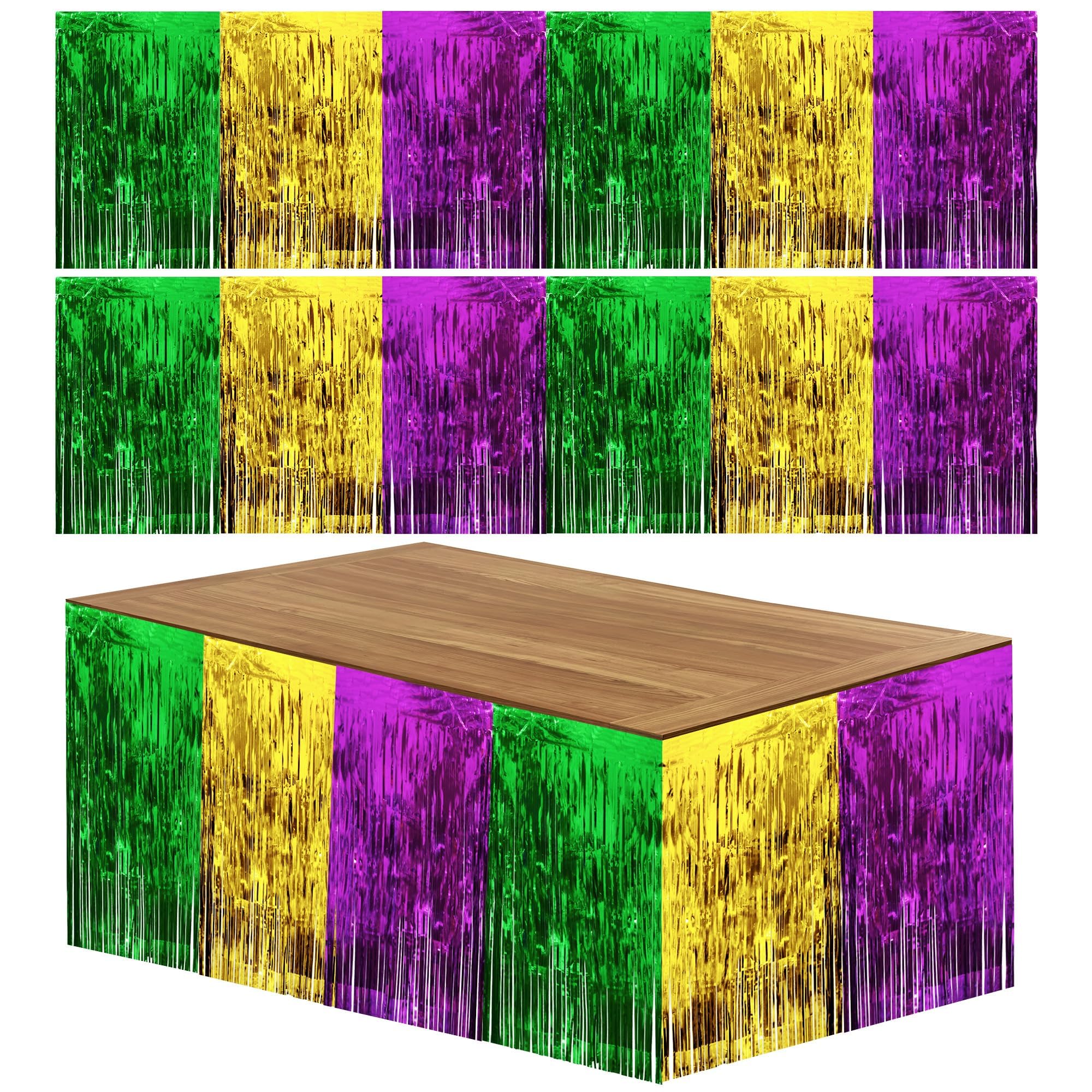 URATOT 2 Pack Mardi Gras Metallic Fringe Table Skirt Mardi Gras Decorations for Party Gold Green Purple Foil Fringe Table Skirt