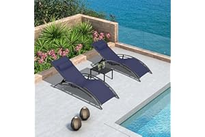 PURPLE LEAF Patio Chaise Lounge Set Outdoor Beach Pool Sunbathing Lawn Lounger Recliner Outside Tanning Chairs with Arm for All Weather Side Table Included Navy Blue