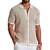 COOFANDY Mens Knit Button Down Shirts Short Sleeve Polo Shirt Vintage Striped Casual Shirts