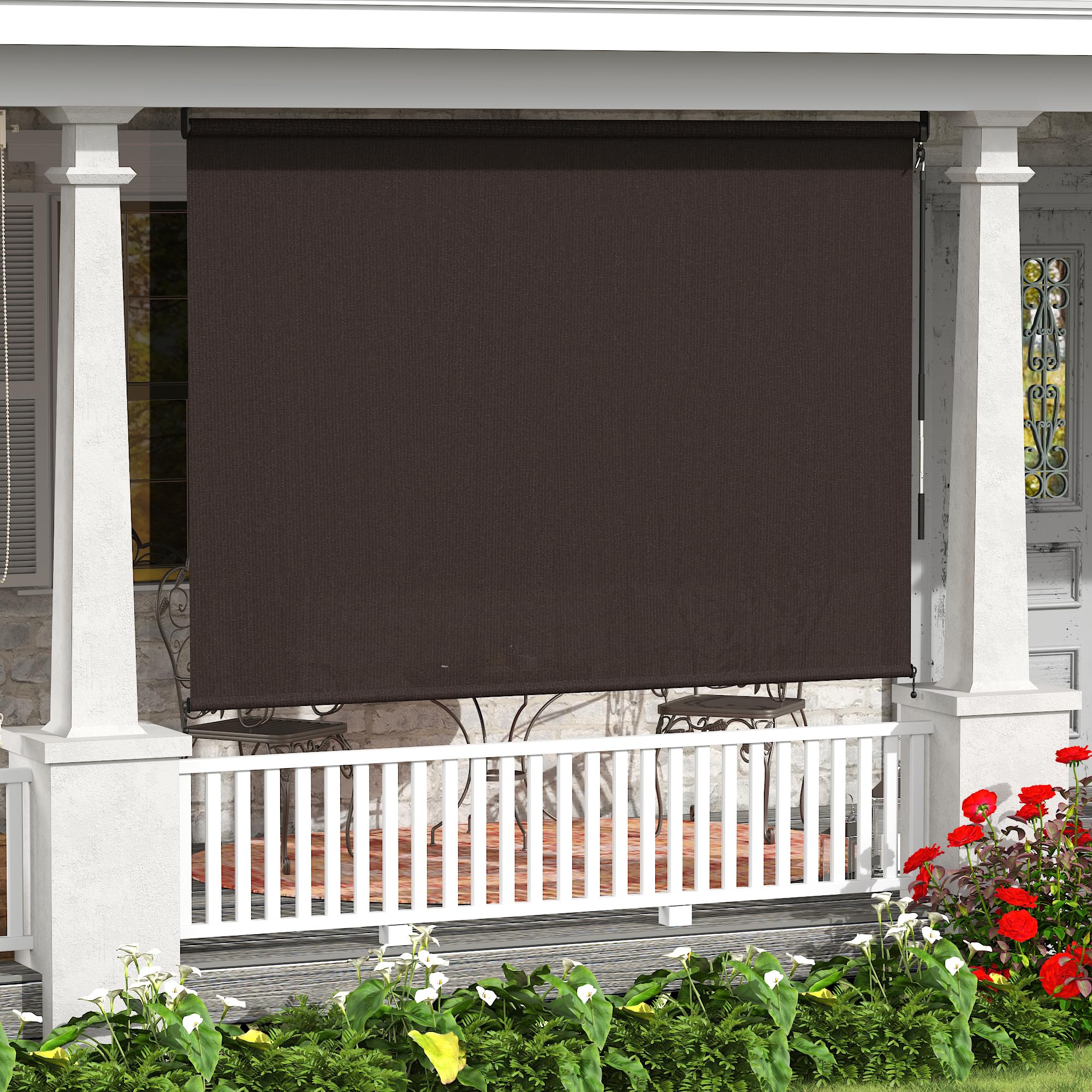 Photo 1 of ** SIMILAR IMAGE UNKNOWN BRAND SIZE 10X8 FT*** VICLLAX Cordless Outdoor Roller Shade with Splicing Design 8'×8', Exterior Roll Up Shade Blind for Porch, Patio, Yard, Chocolate