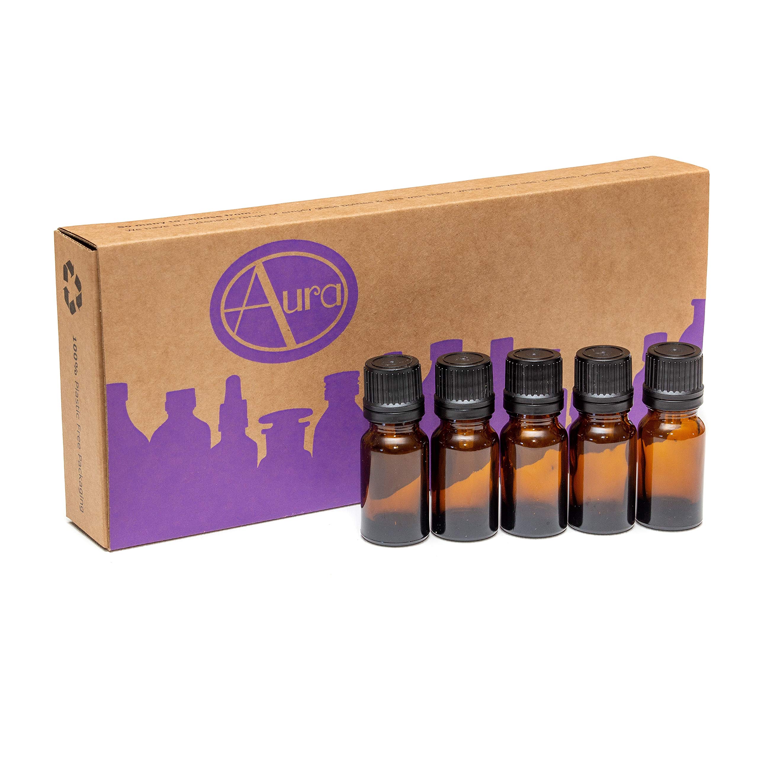 Aura 10ml AMBER Glass Bottles with BLACK Cap & Dropper - PACK of 5