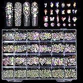 AMLAVIFISH AB-Colored Nail Rhinestones for Nail, 5380Pcs AB Flatback Glass Nail Charms Gems Stones, 19 Types of Shaped Nail Art Rhinestones Kit with Tweezers, 6 Sizes for Decoration