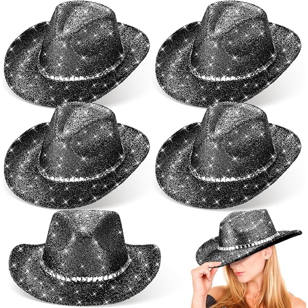 Hercicy 6 Pcs Sparkly Star Cowboy Hat Felt Black Western Hat 