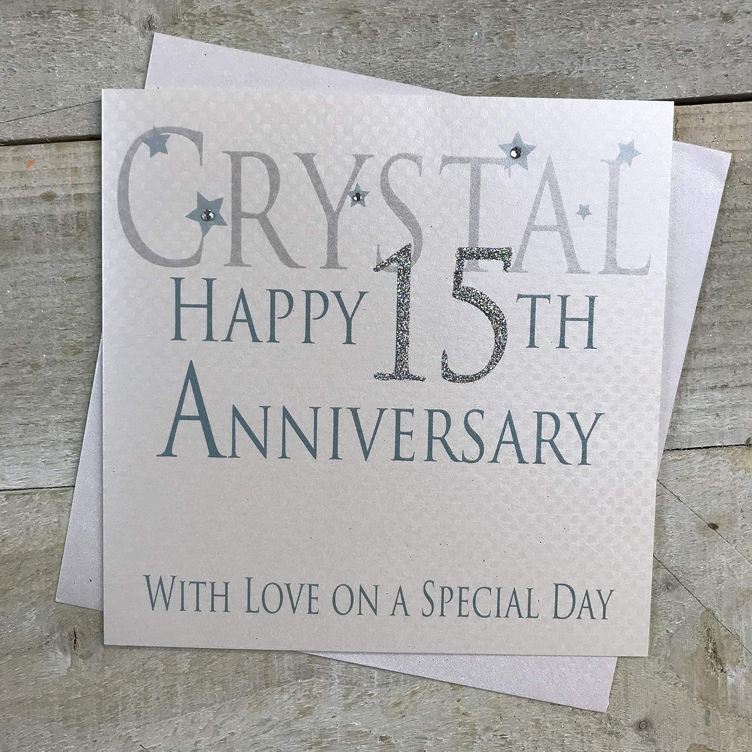 white cotton cards Crystal Happy 15th Love On A Special Day, Handmade Anniversary Card (Code AW15), 16x16xm