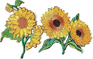 TH Set 2 pcs. Sunflower Garden Plant Sunflower Flower Granny Chic Retro Boho Embroidered Applique Sew Iron on Patch for Hat Jackets Bags Jeans T-Shirt Backpacks Costume