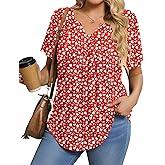 IN'VOLAND Womens Plus Size Tunic Top Summer Short Sleeve T-Shirt V-neck Button Up Dressy Blouse Casual Pleated Pullover 1X-5X