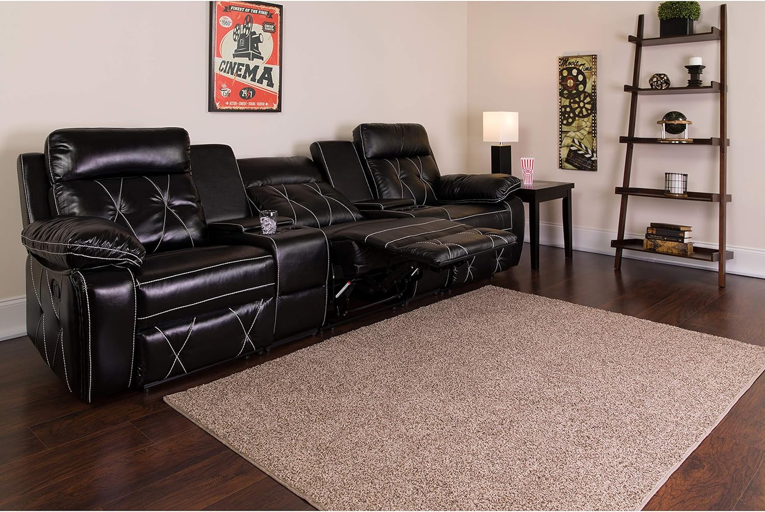 Flash Furniture Reel Comfort Series 3-Seat Reclining Black LeatherSoft Theater Seating Unit with Straight Cup Holders: Furniture & Decor