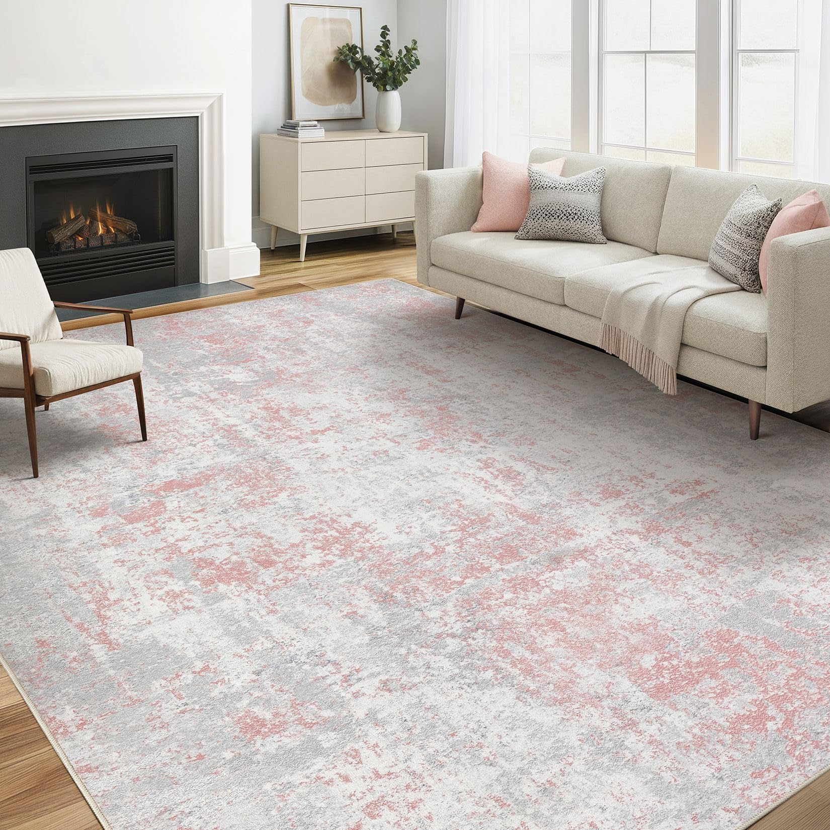 Pink Rug 5x8 Living Room: Washable Large Abstract Neutral Modern Soft Rug Stain Resistant Indoor Floor Non-Slip Accent Carpet for Girl Bedroom Nursery Playroom Office Dining Room Home Image