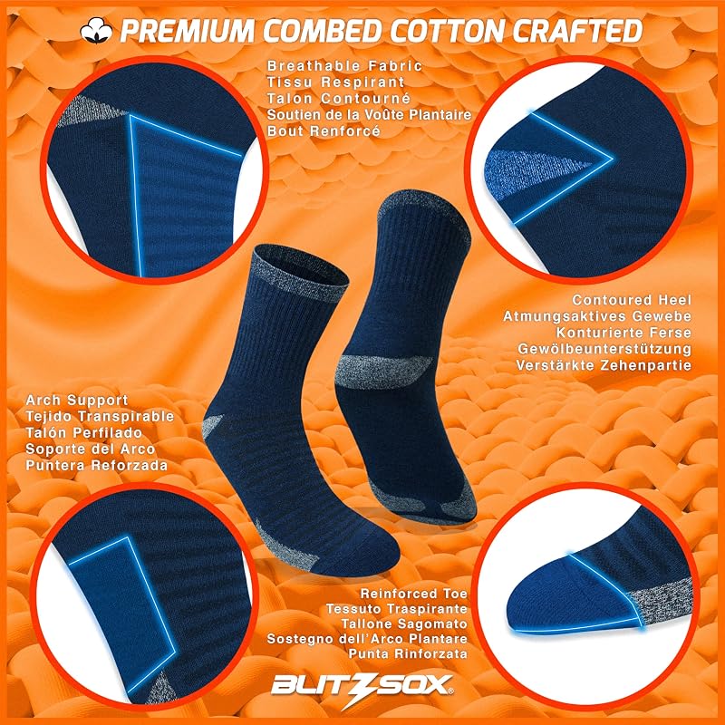 6 Paar Herren Sportsocken aus Baumwolle | Crew Socken | DRI-WIK Feuchtigkeitskontrolle | Gepolstertes Fußbett mit Fußgewölbe-Kompression | Verstärkte Ferse & Spitze (43-46, Denim Blau)