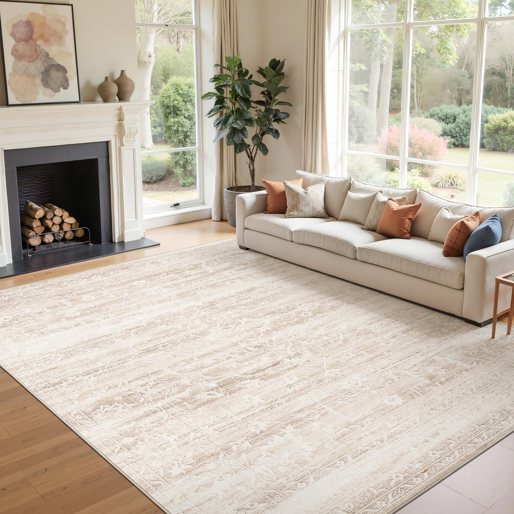 Soalmost 8x10 Area Rugs for Living Room, Stain Resistant Neutral Washable Rugs for Dining Room, Floral Vintage Non-Slip Thin Large Size Area Rug Beige Ivory Image