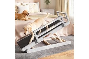 TREASEA Dog Ramp for Bed–Foldable Wooden Ramp with Soft Plush Fabric Cover & Safety Side Rails 16”–24” Adjustable Height, Non-Slip Walking Surface, Wide 17.7" Platform – Up to 200 lbs