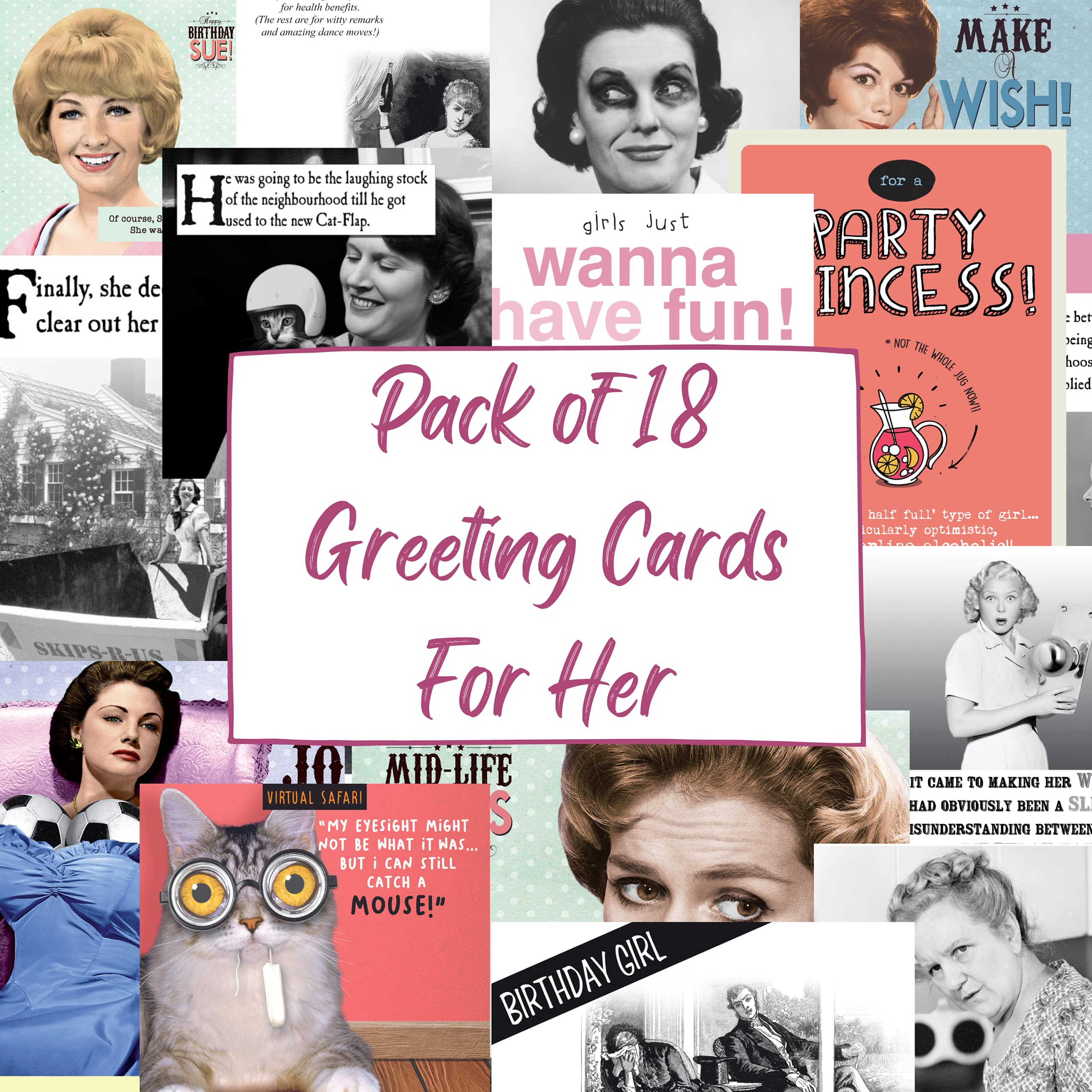 Emotional Rescue 18 Multi-pack Funny Birthday Cards For Her, 18 Assorted Birthday Cards Female, Multi-Coloured