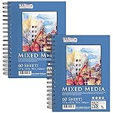 U.S. Art Supply 5.5"x8.5" Mixed Media Sketchbook, 2 Pack (60 Sheets), 98 lb (160 GSM) - Spiral-Bound Pad with Perforated Acid-Free Paper - Artist Sketch Book for Drawing, Painting, Watercolor