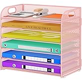 Cawukege 6 Tier Paper Organizer, Pink Letter Tray with Handle, Mesh Desk Organizer, Metal File Organizer, Office Desk Accessories for Home, Office, Classroom, School