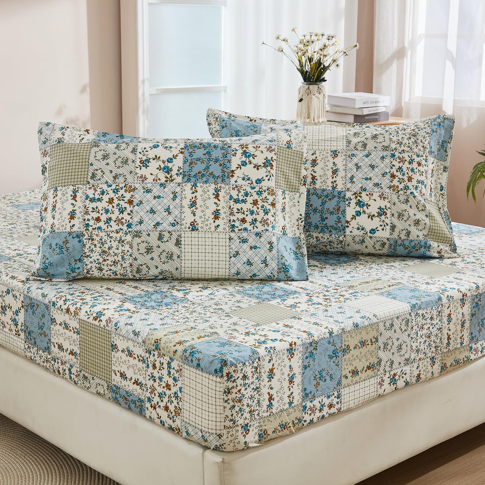 Photo 1 of Cozaline Floral Sheet Set Full Size Vintage Floral Sheets 100% Cotton Cooling Percale 3-Pieces Blue Patchwork Sheet Set Breathable & Durable Fitted Sheet Set