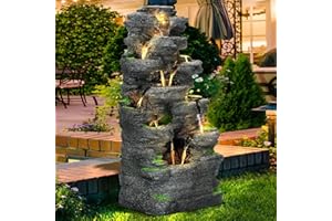 MAGIC UNION 10-Tier Cascading Rock Water Fountain, Outdoor Freestanding Fountains with LED Lights and Pump, Outdoor Garden Waterfall Decor for Patio, Yard and Deck Decor, Natural Stone Look (40" H)