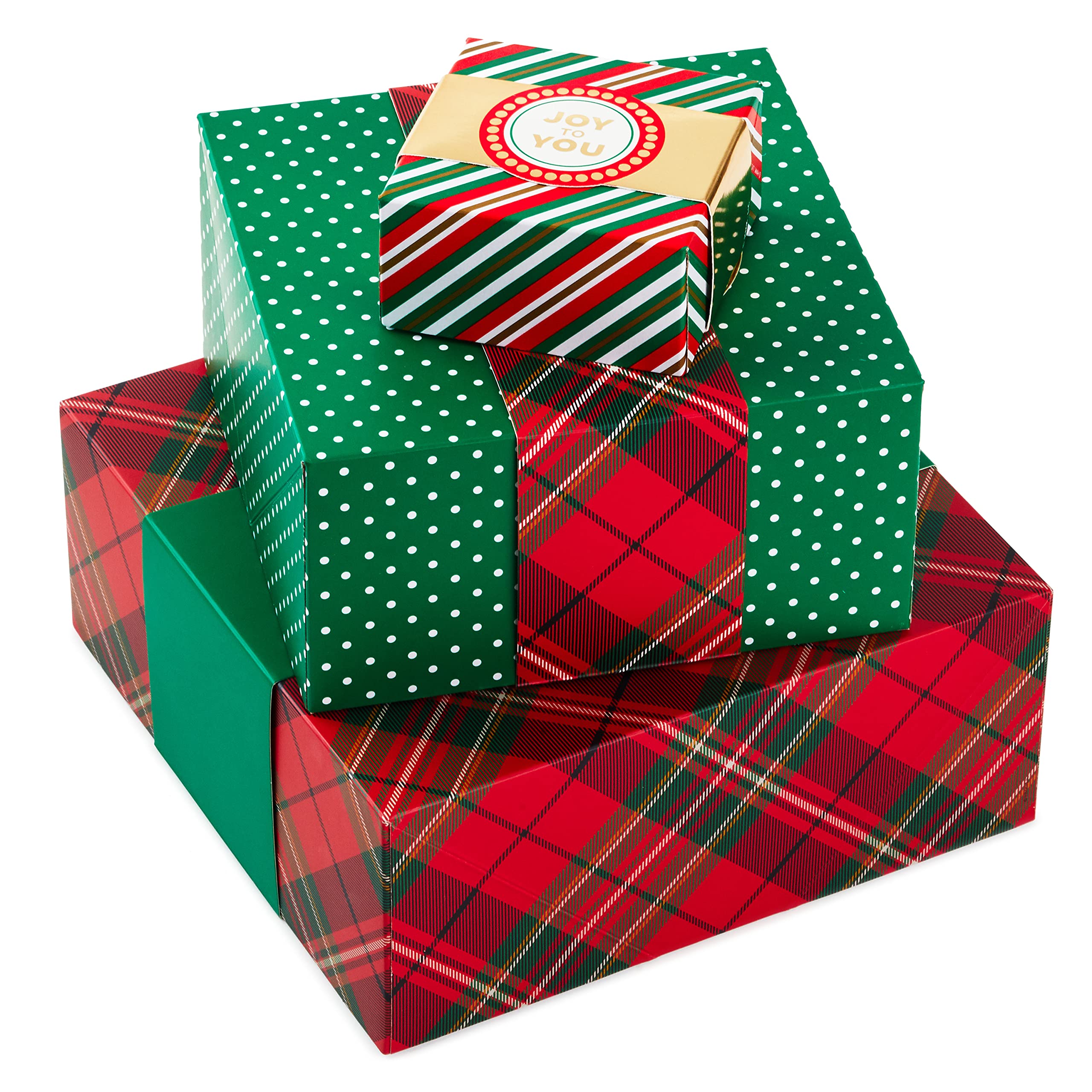 Hallmark Assorted Size Gift Boxes with Wrap Bands for Christmas (3 Boxes: Red, Green, Gold, Christmas Wishes," "Joy to You") Snowflakes, Stripes, Dots, Plaid
