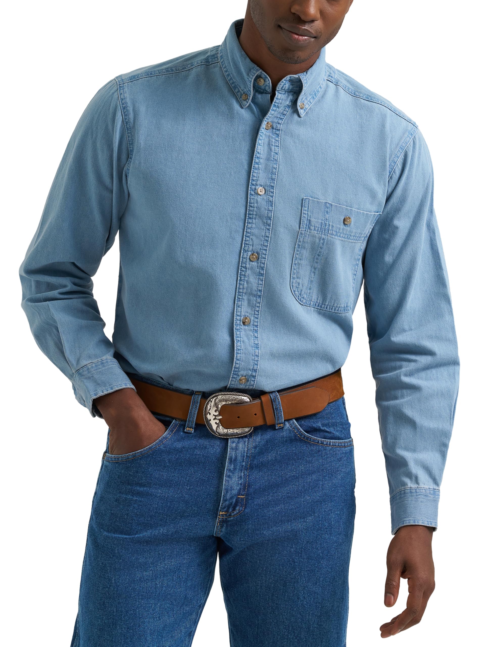 Wrangler Camisa vaquera básica con un bolsillo para hombre Rugged Wear