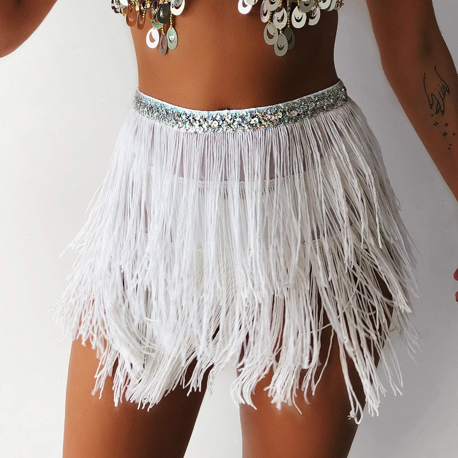 Wuchieal Belly Dance Costume Hip Scarf Belt Tribal Fringe Tassel wrap Belt (White, One Size): Clothing