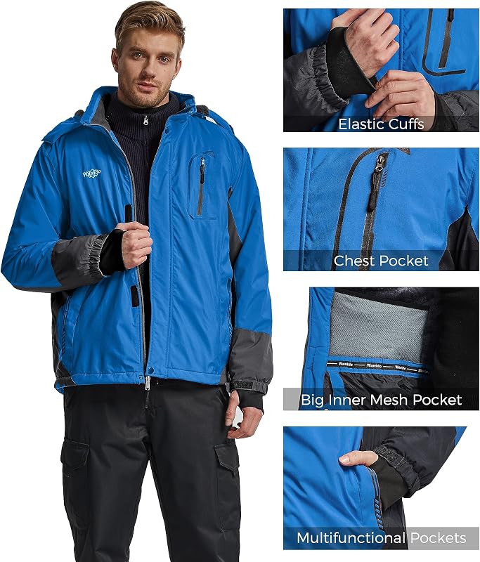 Herren Skijacke Fleece Wasserdicht Regenmantel mit Kapuze Blau M