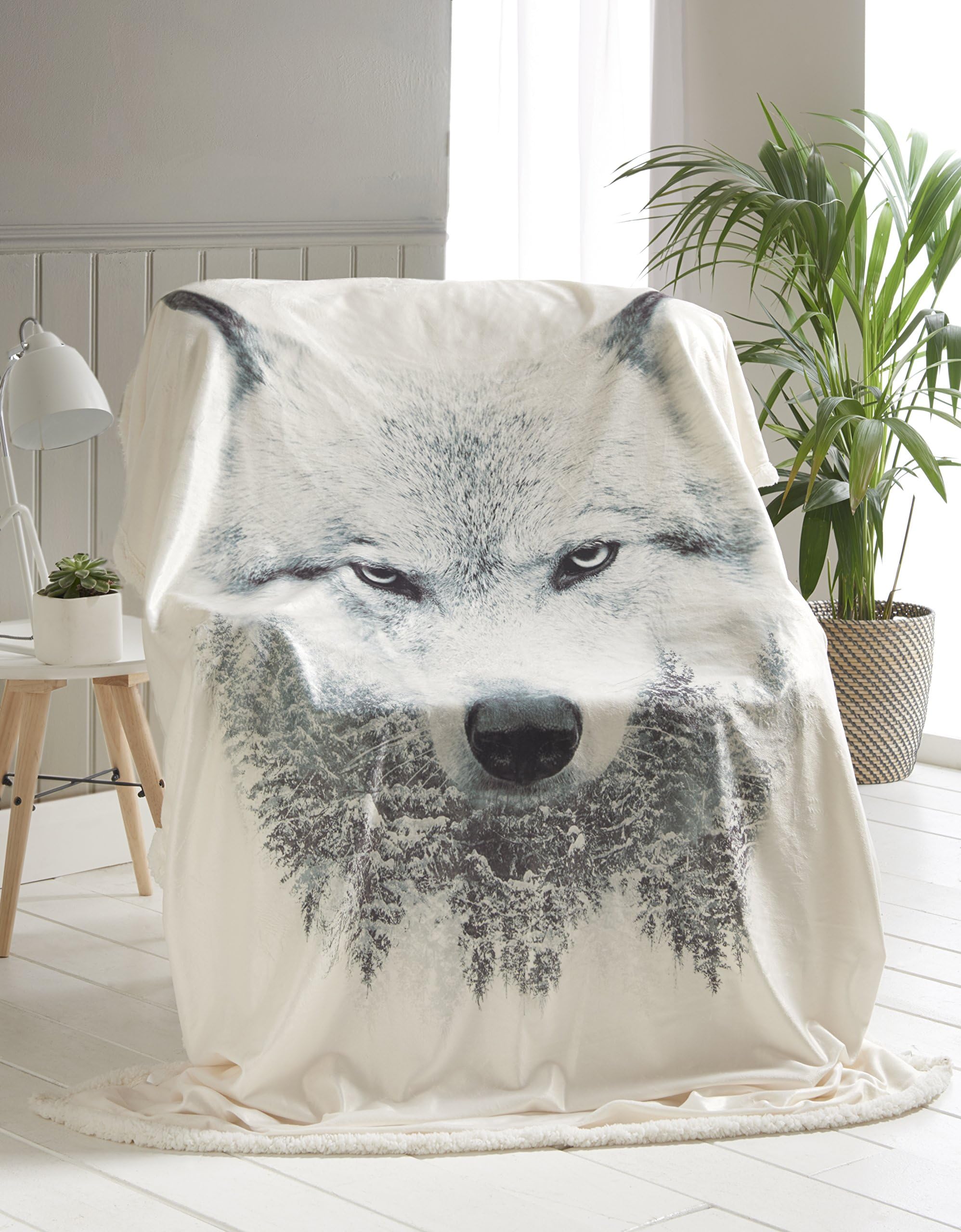 Lyallpur Animal Print Reversible Sherpa Throw Warm Fur Bed Sofa Blanket 130cm x170cm (Wolf)