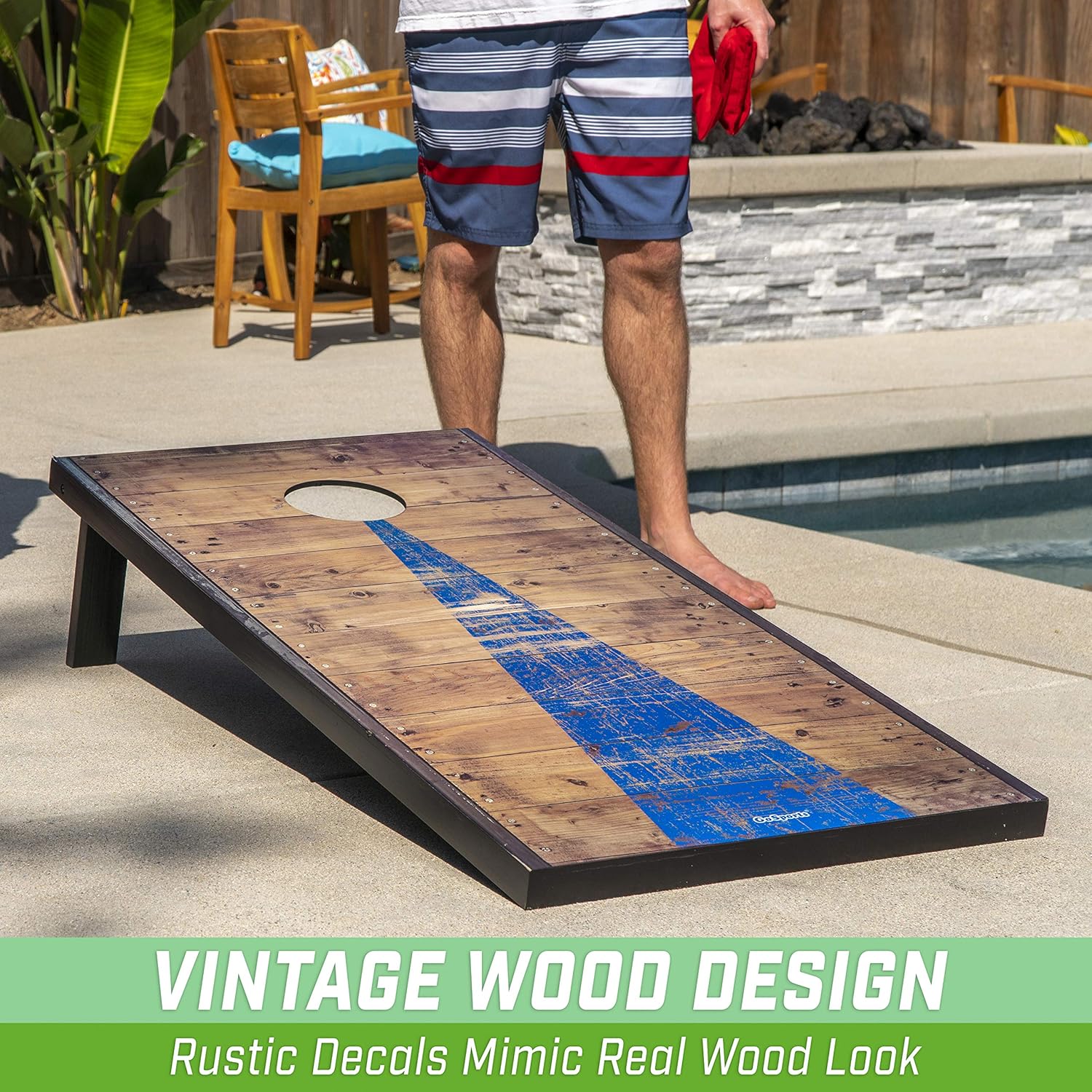 GoSports 4x2feet Classic Cornhole Set with Rustic Wood Finish | Includes 8 Bags, Carry Case and Rules, Red/Blue : Sports & Outdoors
