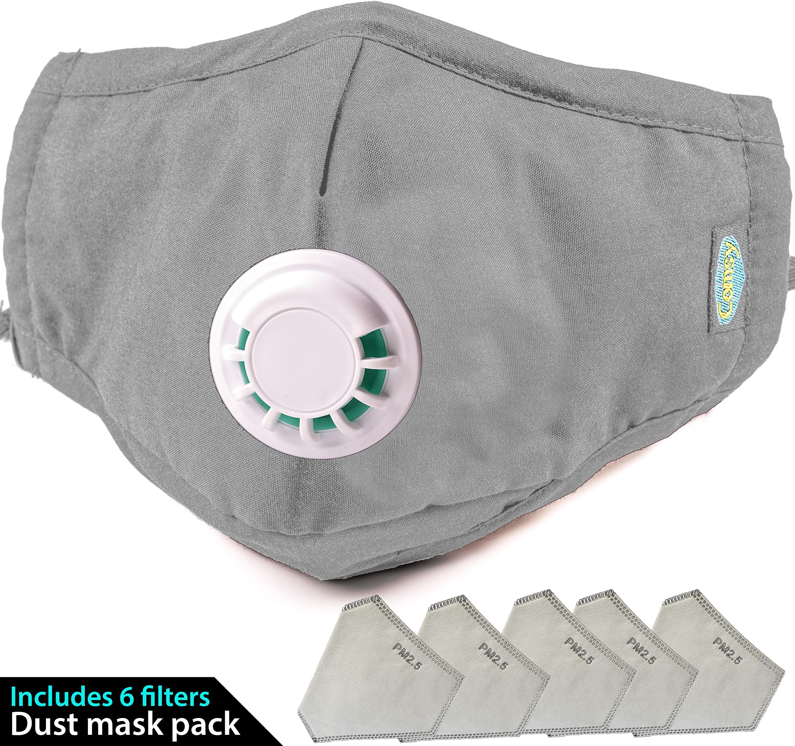 COMSY Pollution Mask | N95 Washable and Reusable Breathing Face Masks for Dust with 5 Replaceable Carbon Filters for Travel Pollen Allergy Woodworking Mowing Running Cycling Outdoor Activities (Grey)