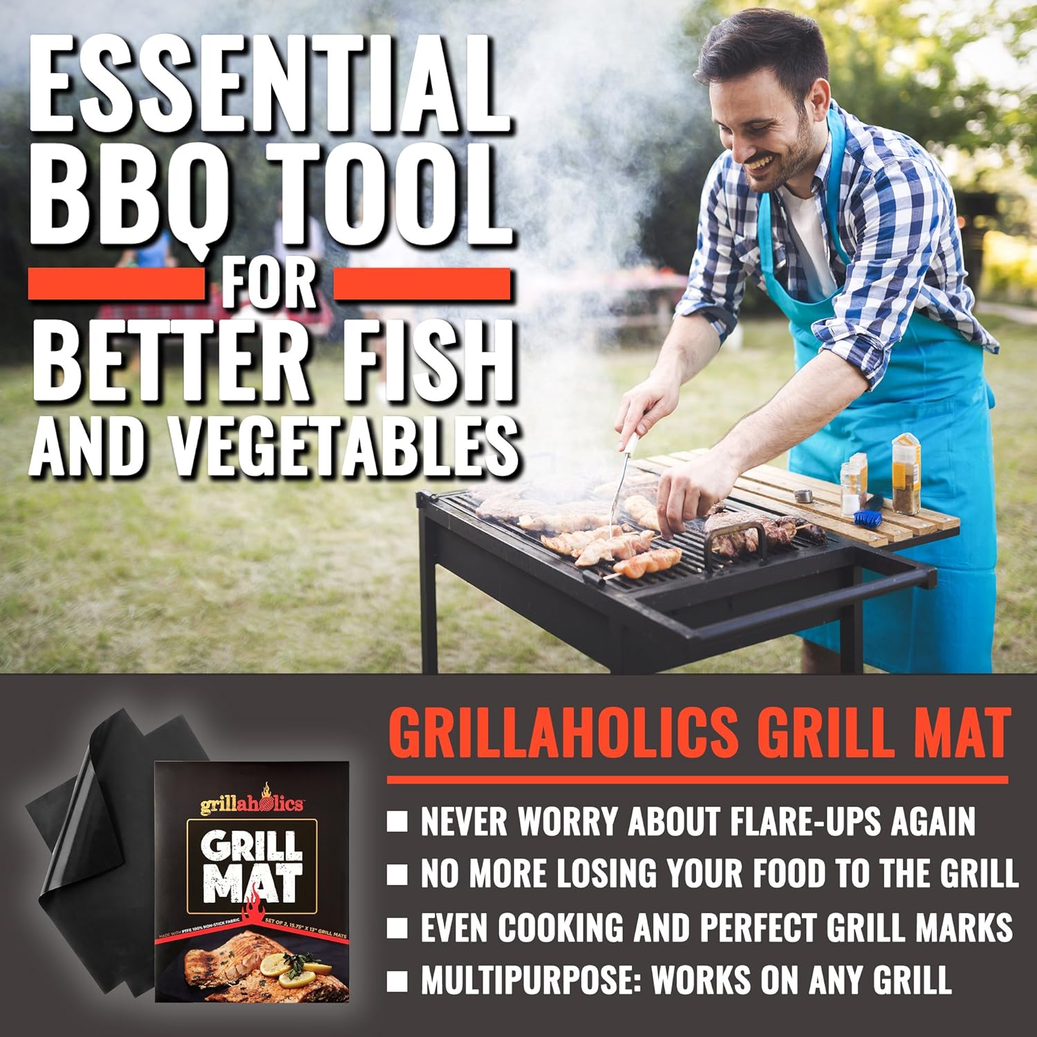 Grillaholics Grill Mat - Set of 2 Heavy Duty BBQ Grill Mats - Non Stick, Reusable, and Easy to Clean Barbecue Grilling Accessories - Lifetime Manufacturers Warranty : Garden & Outdoor