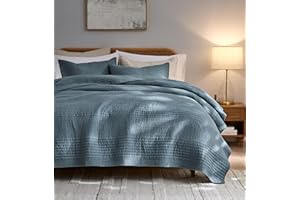 PALASSIO Striped Blue Grey 100% Cotton Quilt California Cal King Size Bedding Sets, Oversized Lightweight Channel Pick Stitch Textured Bedspread Soft Farmhouse Country Coverlet for All Season, 2 Shams